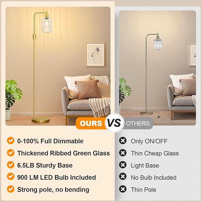 【Upgraded】 Dimmable Glass Floor Lamp for Living Room, Modern Gold Standing Lamp with Clear Ribbed Glass Lampshade & Knob Dimmer, Arc Tall Lamp for Bedroom Office Reading Room, 2700K Led Bulb Included