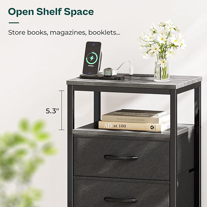 Huuger Nightstands Set of 2, 27.6 Inch End Tables with Charging Station, Fabric Drawers, Bedside Tables with USB Port and Outlet, Night Stands for Bedroom, Charcoal Gray