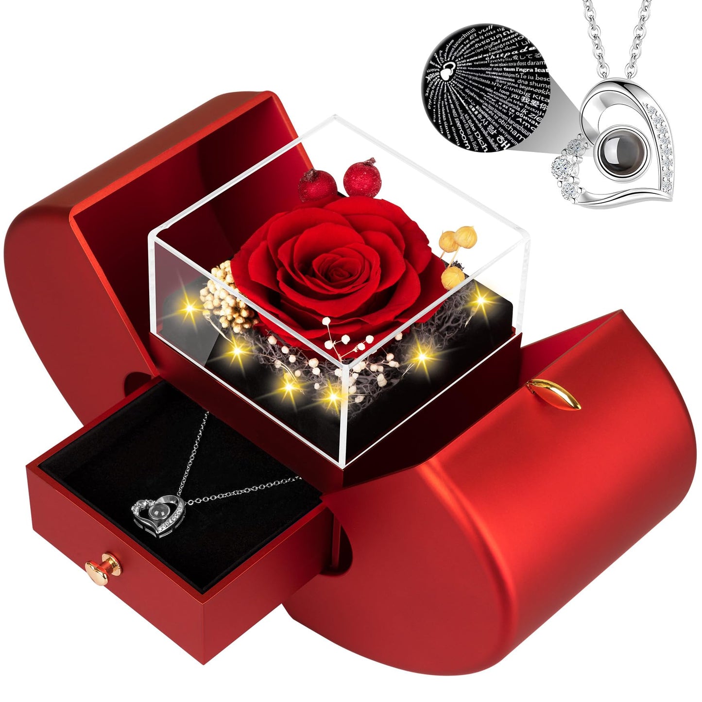 Lebana Preserved Red Real Rose with I Love You Necklace, Birthday Gifts for Women Her Mom Wife Girlfriend Grandma Christmas Anniversary Romantic-Red