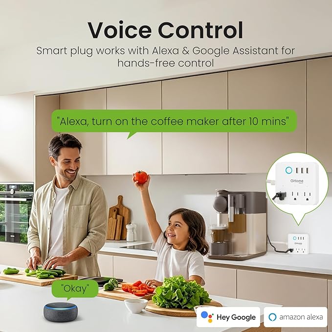 GHome Smart Power Strip Surge Protector 10A, Smart Plug that Works with Alexa & Google Home, 6 in 1 WiFi Outlets with APP Control, White Extension Cord 2.4G WiFi Only, ETL FCC Listed, No Hub Needed
