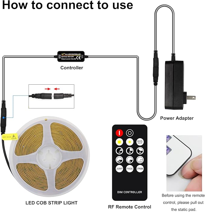 COB LED Strip Light Warm White, High Bright LED Strips with 2400LEDs, RF Remote and UL Power Supply, 3000K Dimmable LED Lights for Bedroom, Kitchen, DIY Home Decoration