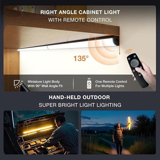 Under Cabinet Lighting Wireless with Remote,Rechargeable Battery Operated Closet Lights,3 Color Magnetic Dimmable led Strip Lights,Under Counter Lights for Kitchen,Shelf,Bedroom (Black-2PCS, 60cm)
