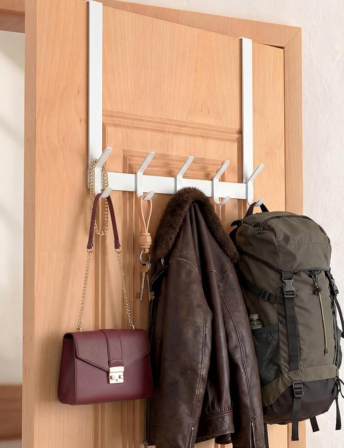 Long Over The Door Hooks Hanger with 15.75" Arms for Easier Access by Shorter, J16U, Perfectly Fits US Standard 1 3/4-inch Doors, Towel Rack Bathroom Organizer Holder, Rustproof, White