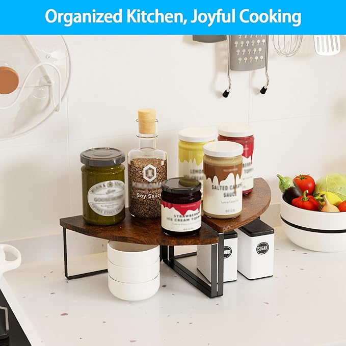 Corner Shelf Countertop Organizer - Set of 2 Corner Shelves for Kitchen Cabinet Organizer, Spice Rack, Stackable Bathroom Organizers and Storage, Sink Rack, Corner Cabinet, Counter Decor, Rustic Brown