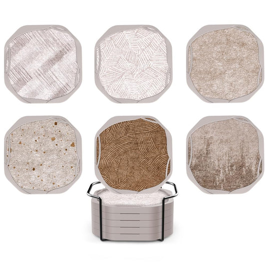 UMIRRO Absorbent Coasters for Drinks with Holder, Silicone Cup Coaster with Felt Insert for Coffee Table Decor, Small Unique Birthday Gift Ideas for Men, Dad, Him, Women Mom, Her, 4", Brown, Set of 6
