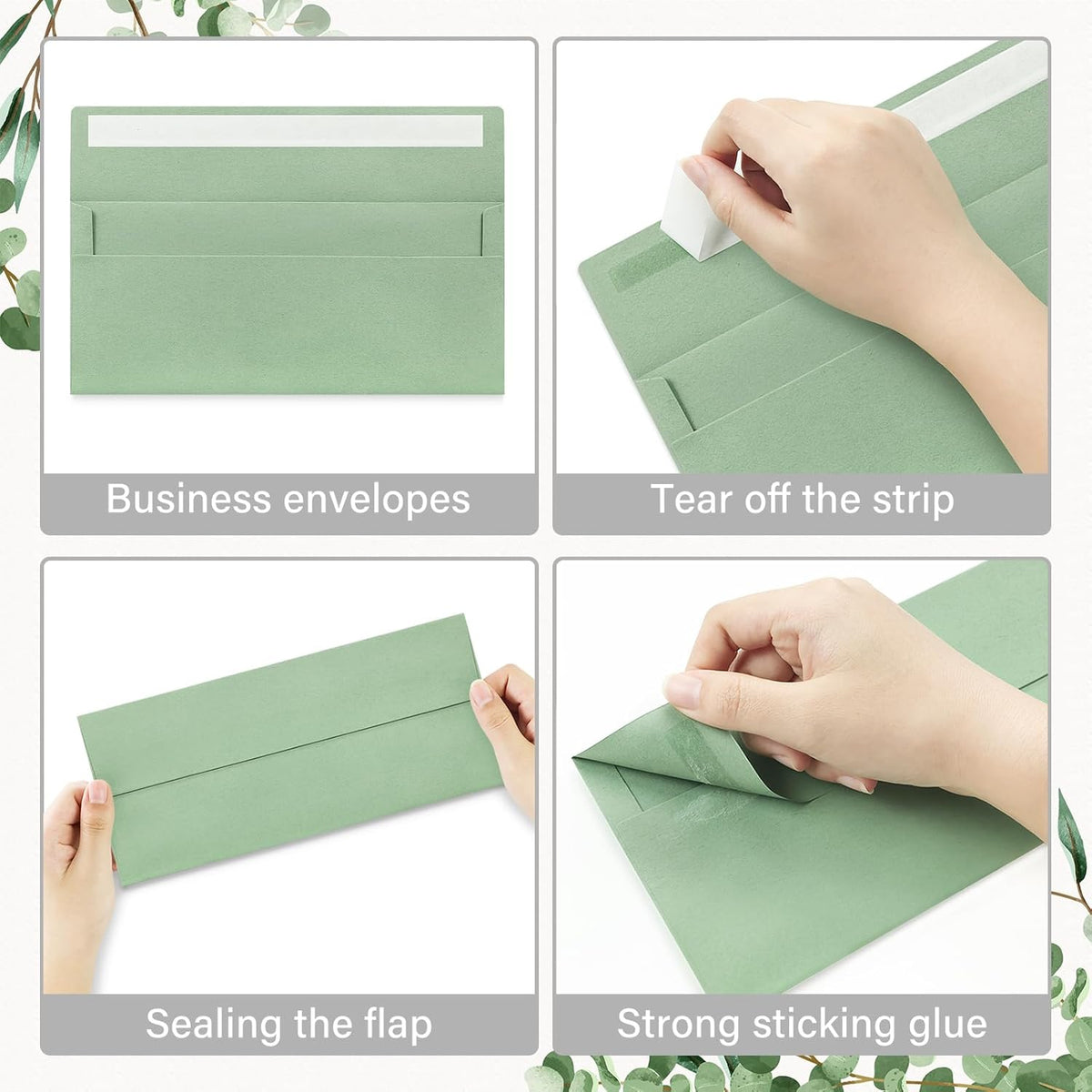 100 Pack #10 Business Envelopes, Self Seal Standard Sage Green Envelopes for Secure Business & Legal Mailing, Office, Checks, Letter, Invoices, 4 1/8 x 9 1/2 Inches