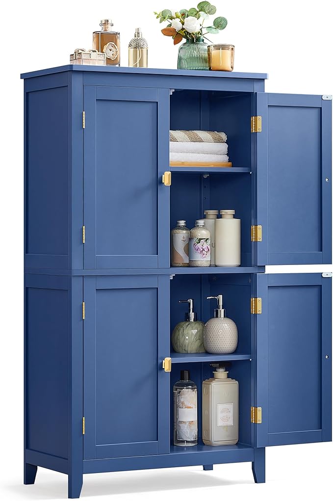 VASAGLE Floor Storage Cabinet, Freestanding Storage Unit with 4 Doors, Adjustable Shelves, 11.8 x 23.6 x 43.3 Inches, for Entryway, Bathroom, Harbor Blue UBBC552Q01