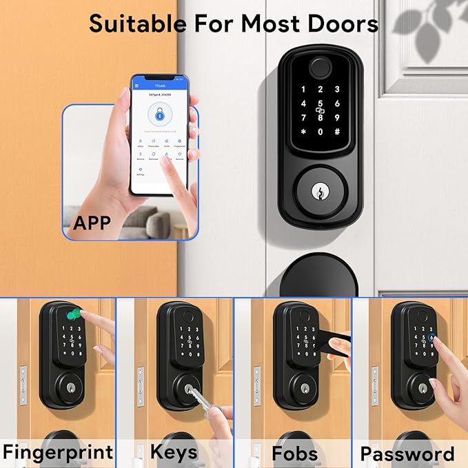 Keyless Entry Door Lock with Handle Set, Keyless Entry Deadbolt with Handle Set, Smart Locks for Front Door Alexa Fingerprint Auto Lock, Black