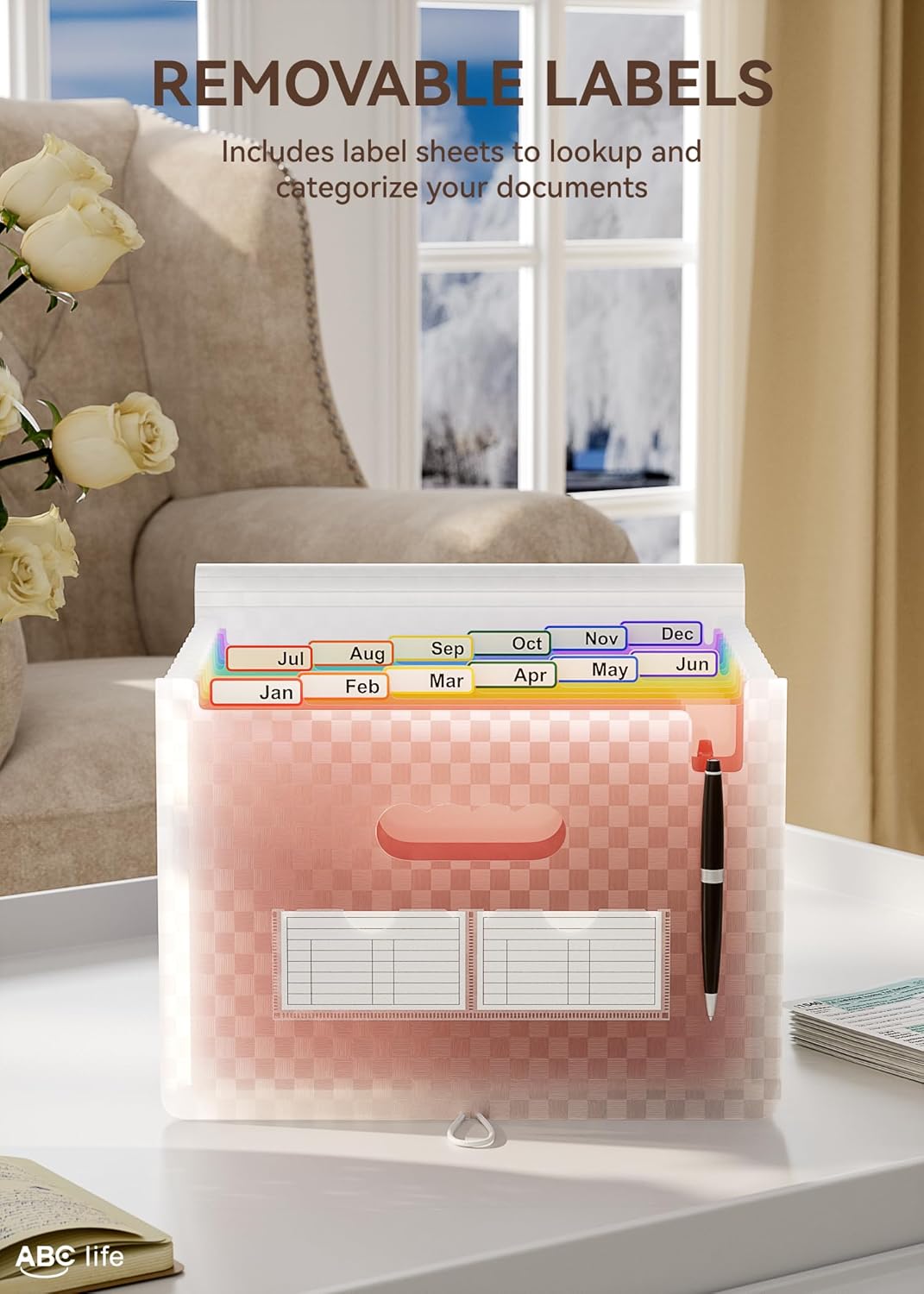 ABC life 12 Pockets Accordion File Organizer Expanding File Folders, Portable Monthly Bill Receipt Document Organizer, Expandable Accordian Filing Folder Letter A4 Size, Colored Tabs (Pink)