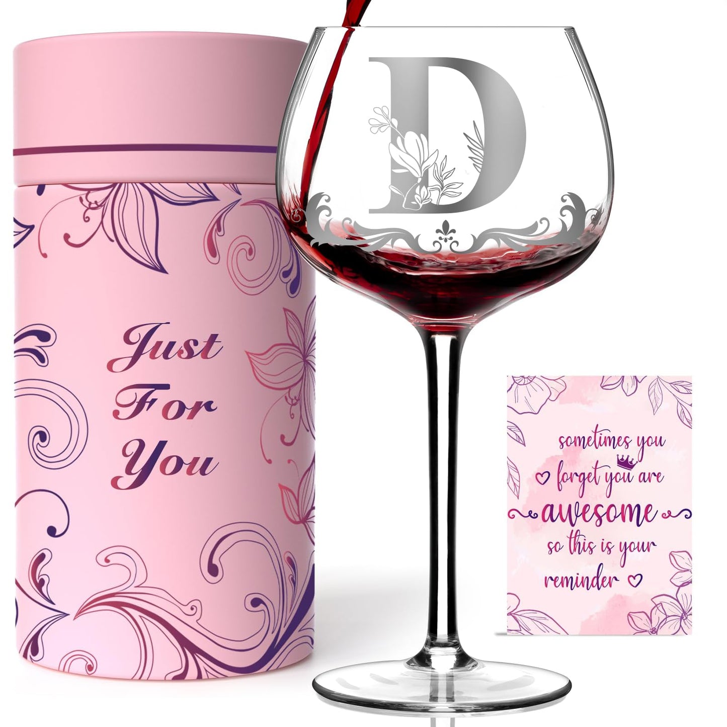 Personalized Monogram Gifts for Women - Customized Initial A-Z Wine Glass, Unique Birthday Christmas Gifts for Her, Mom, Wife, Sister, Daughter, Friend (Letter D)
