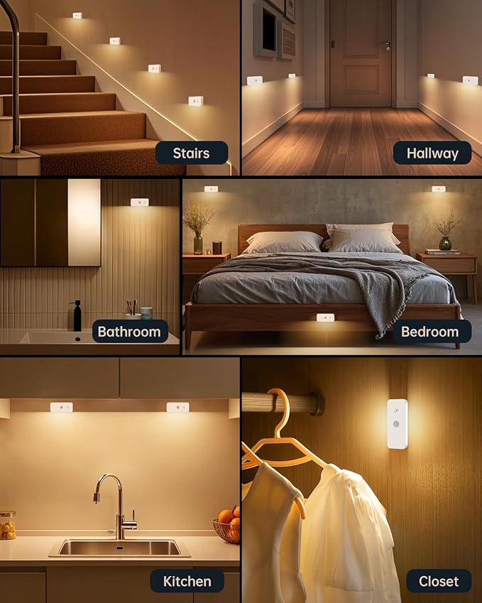 Yiliaw Motion Sensor Night Lights Indoor - Rechargeable Stick-On Stair Lights with Wireless Magnetic Mount, Adjustable Brightness & 3 Color Temps for Hallway, Stairway, Bathroom, Closet (4-Pack)