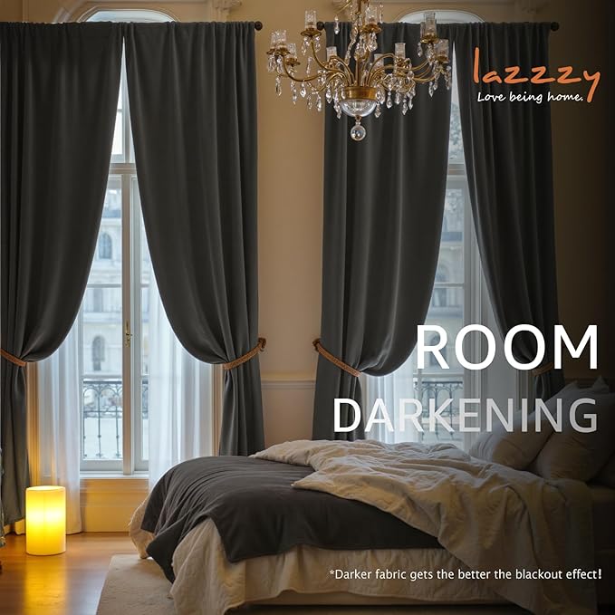 Lazzzy Velvet Blackout Curtains Thermal Insulated Room Window Drapes Super Soft Luxury Curtains for Living Room Bedroom Rod Pocket 2 Panels, Grey, 42" W x 96" L
