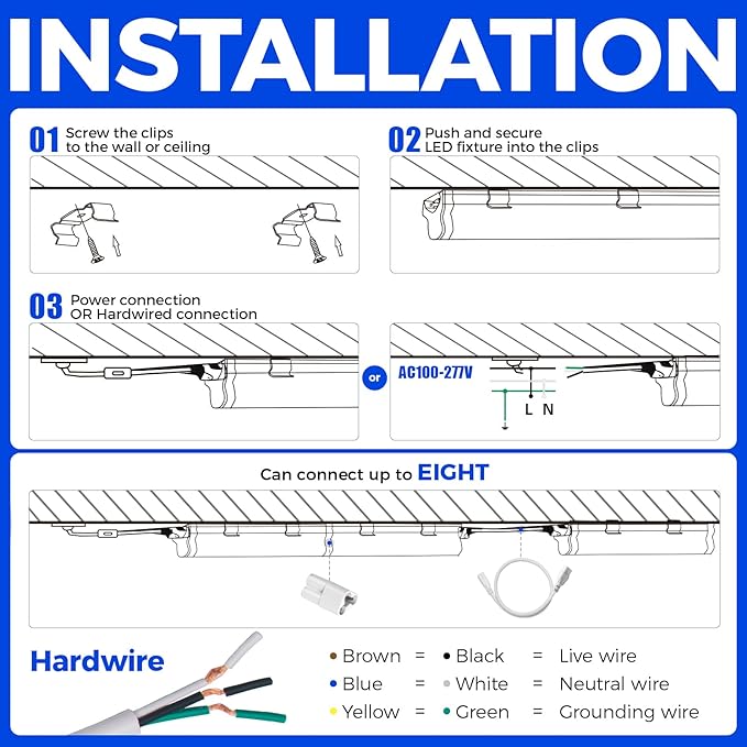 Barrina 6 Pack LED T5 Single Fixture, 4FT, 2200lm, 4000K Daylight Glow, 20W, Utility Shop Light, Ceiling and Under Cabinet Light, ETL Listed, Corded Electric with ON/Off Switch