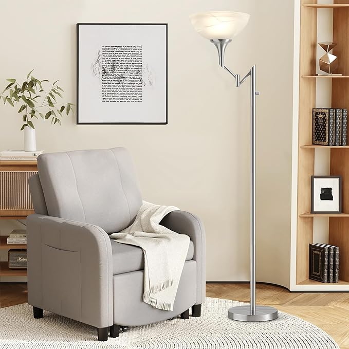 Floor Lamps for Living Room Silver, 70" Tall Standing Lamp with Glass Shade, Bedroom Floor Lamp with 350°Adjustable Swing Arm Lamp, Pole lamp for Bedroom, Living Room, Office, Bulbs Included
