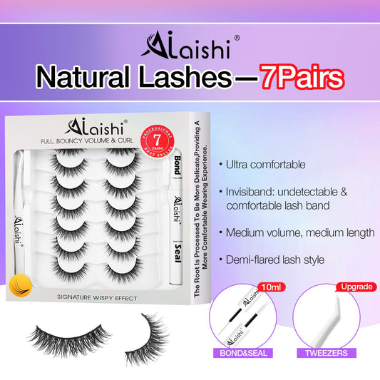 Wispy False Eyelashes Kit With Bond, Seal and Tweezer, 7 Pairs Natural Look Fake Cat Eye Lashes Strips Thin Band Extensions Waterproof Easy Eyelashes for Beginners RQ01