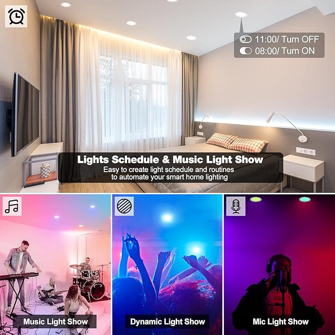 Smart Recessed Light 6 Inch, APP Control, Dimmable, RGBCW, Cool to Warm White, 2700K~6500K, CRI80+, Color Changing Retrofit LED Can Light, Bluetooth Mesh Smart Home Lighting, 6Pack