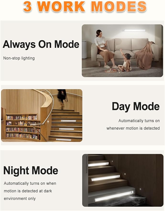 SPOLI Under Cabinet Lighting, Motion Sensor Kitchen Light Indoor, 1800mAh Battery Operated Closet Lights, 65 LED Dimmable Stairs, 2 Pack Magnetic Under Counter Lights for Kitchen - Silver 16"