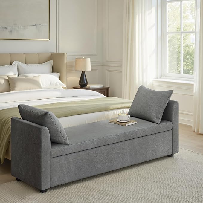59.5" Modern Storage Ottoman Bedroom Bench, End of Bed Bench with Arms and Throw Pillows, Footrest Stool for Living, Dining Room, Entryway and Hallway, Charcoal