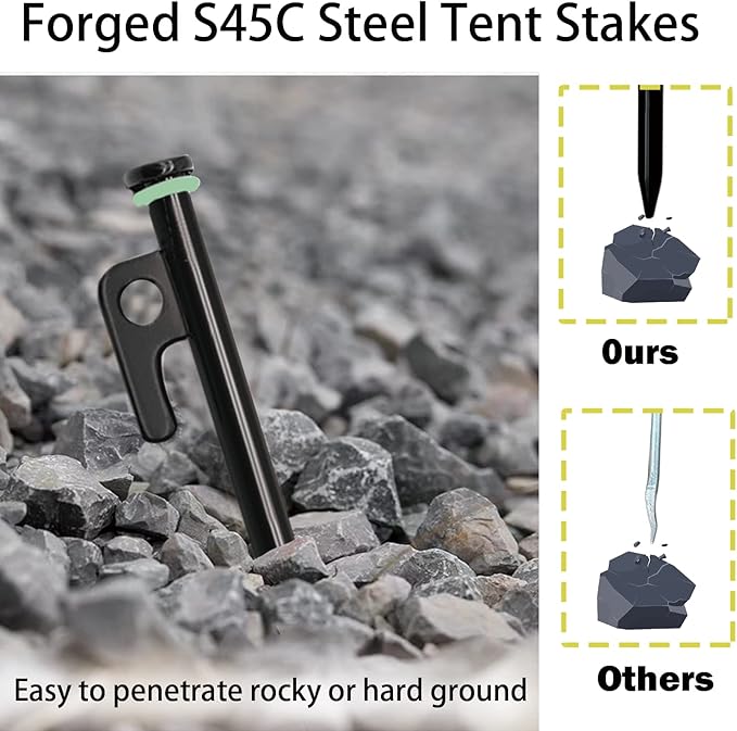 8 Pack Tent Stakes with Hammer, 16in Heavy Duty Tent Stakes + 12in Tent Stakes Hammer+Storage Pouch, Forged Steel Tent Stakes for Camping Used on Rocks(8Pcs 16in Tent Stakes and Hammer)