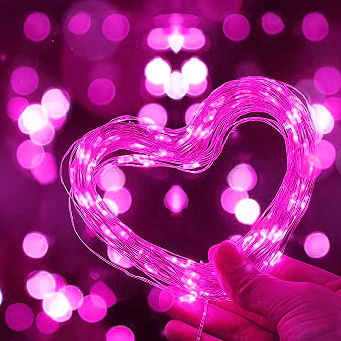 LAMPHOME 100 LED Pink Valentine Lights, Valentine's Day Fairy Lights Battery Operated, Silver Wire Twinkle String Light Multi Functions & Timer with Remote for Indoor Bedroom Wedding Decorations