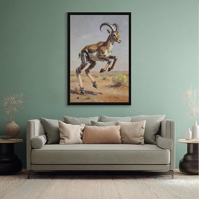 Framed Steampunk Mechanical Antelope Wall Art - Desert Futuristic Poster for Loft Living Room Decor 20x30in