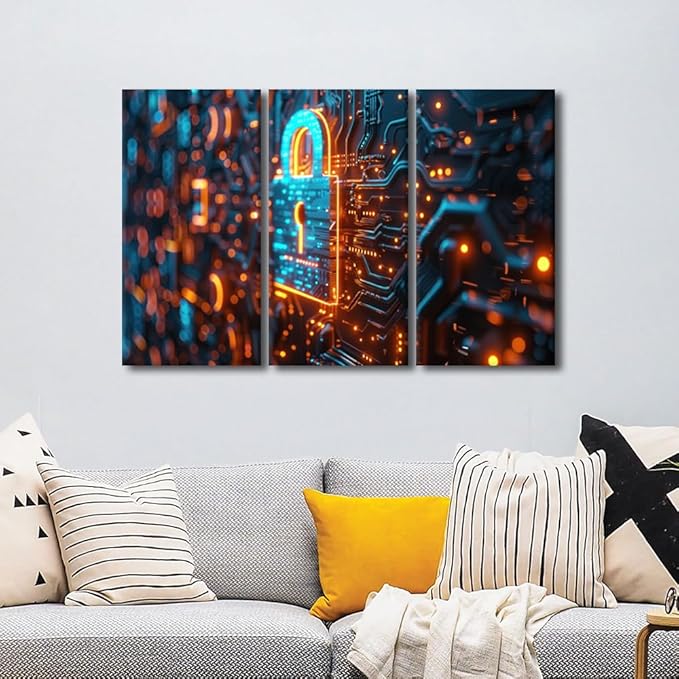 TUMOVO Security Lock Symbol Pictures for Living Room AI Intelligence Paintings 3 Pieces Canvas Wall Art AI Pictures Modern Home Office Decor Framed Ready to Hang Posters and Prints, 42" Wx28 H