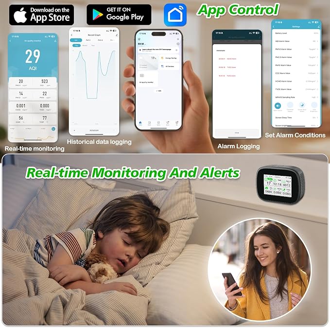 18-in-1 Smart Air Quality Monitor - Indoor WiFi Air Quality Detector with Dual Chip, Real-Time for AQI, CO2, PM2.5, PM1.0, PM10, TVOC, HCHO, Time, Temperature & Humidity with APP (Black-White)