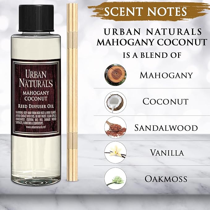 Urban Naturals Reed Diffuser Oil Refill, Mahogany Coconut Diffuser Oils with Sandalwood, Coconut, Oakmoss, 4 oz + Free Reed Sticks, Made in the USA