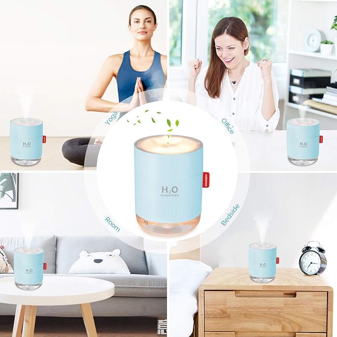 Portable Mini Cool Mist Humidifier, 500ml USB Personal Desktop Humidifier for Baby Bedroom Travel Office Home, Auto Shut-Off, 2 Mist Modes, Super Quiet, Blue