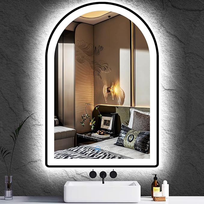 16 x 24 Inch Black LED Arch Mirror with Lights Black Frame Arched LED Vanity Mirror for Bathroom Wall Makeup Desk Black Framed Arch Lighted Mirror 3Color AntiFog 24" Arch Smart Light up Mirror