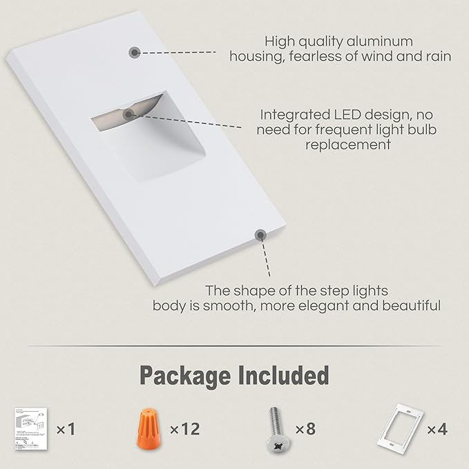 FTL Outdoor Step Lights LED Indoor Stair Lights, 3000K/4000K/5000K Color Changing Outdoor Deck Stair Light, 3.5W 150LM 12V Low Voltage Light for Steps Vertical, Waterproof White Aluminum 4-Pack