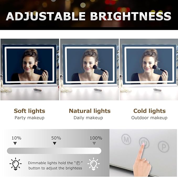 Makeup Vanity Mirror with Lights, 31.5"x 23.6" Large LED Lighted Mirror with 10X Magnification and USB Charging Port, Smart Touch 3 Colors Dimmable, Touch Control for Bedroom, White