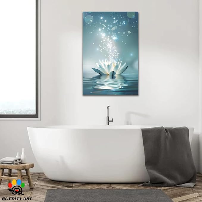 Zen White Lotus Flower Canvas Wall Art, Lotus Flower Pictures Bathroom Zen Print, Spiritual Water Lily Canvas Prints, Lotus Bloom on Water Poster, Zen Calm Relax Artwork for Yoga Spa Room 28x40 inch