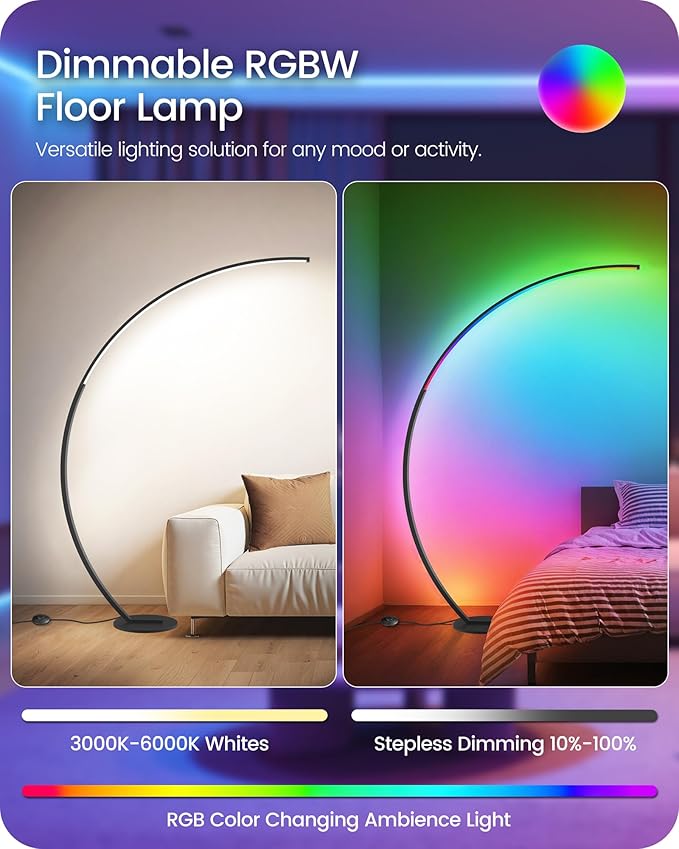 RGBW Floor Lamp, 75” Standing Tall Lamp, Dimmable Arc Floor Lamp for Living Room with Foot and Remote Control, 18 DIY Colors, 3000K-6000K White, LED Corner Lamp, Color Changing Ambient Light RB62LD05