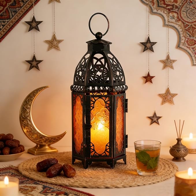 DECORKEY Moroccan Lanterns Decorative Indoor & Outdoor, 11’’ Medium Size Vintage Metal Hanging&Tabletop Candle Holder Decor, Halloween Christmas Ramadan Decorations for Home Porch Patio (Amber)