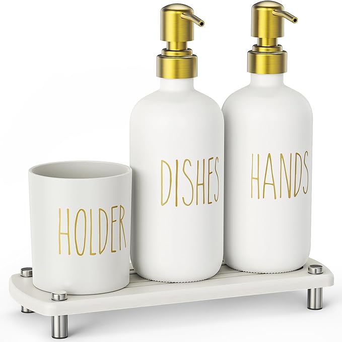 Cisily Gold Kitchen Soap Dispenser Set with Dish Brush Holder, Dish and Hand Soap Dispenser Set with Stainless Steel Pumps, Instant Dry Tray, Suitable for Kitchen Decor and Accessories(Gold&White)