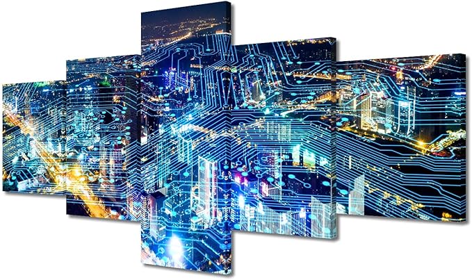 Canvas Wall Art Internet Covered City Posters Modern Smart City Picture 5 Panel Modern Company Decoration Digital Transformation Concept Picture Printing Frame and Stretched Ready to Hang 50x24 Inch