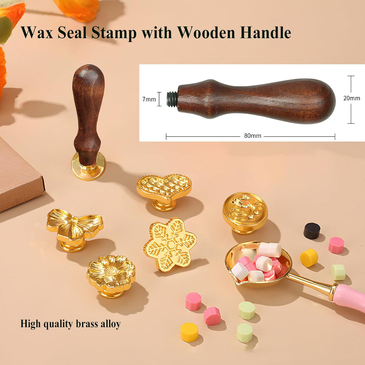 Wax Seal Stamp Kit- 9Pcs Vintage Brass Sealing Wax Stamps Head with Wooden Handle for Gift Wedding Invitations Cards Envelopes Seals(Heart,Bunny,Rose, Bowknot,Balloon,Sunflower,Angel,Snowflake,Window)