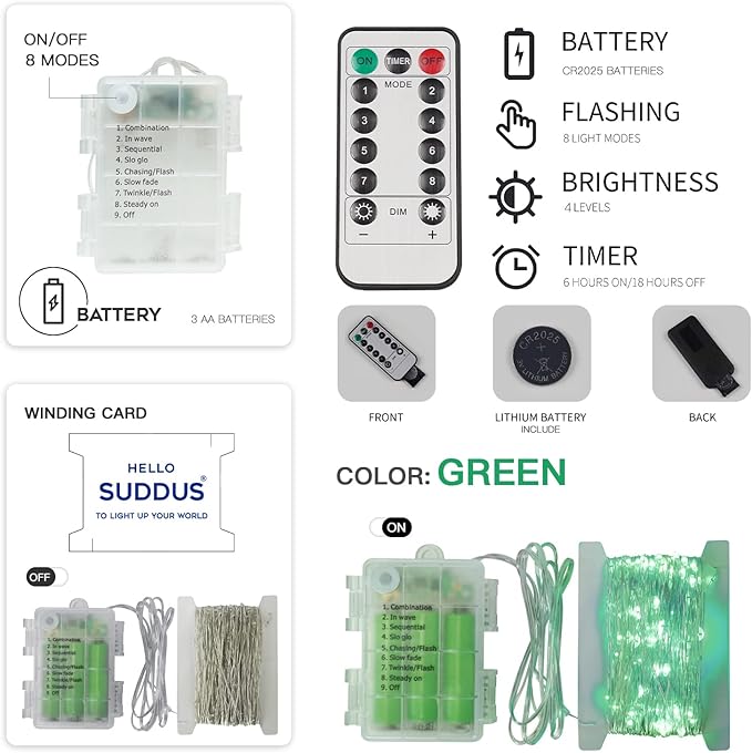 suddus Green Christmas Lights Battery Operatd, 66ft 200LED St Patricks Day Decorations Indoor, Fairy Twinkle Light with Remote for Halloween, Bedroom, Patio, Backyard, Outdoor Decorations