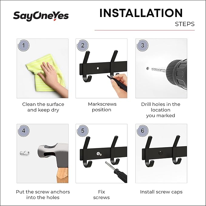 Matte Black Coat Rack Wall Mount – 17 Inch Stainless Steel Hook Rail with 6 Double Coat Hooks – Wall Mounted Entryway Organizer for Coats, Hats, Bags, Towels, Robes, Closet or Bathroom - 2 Pack