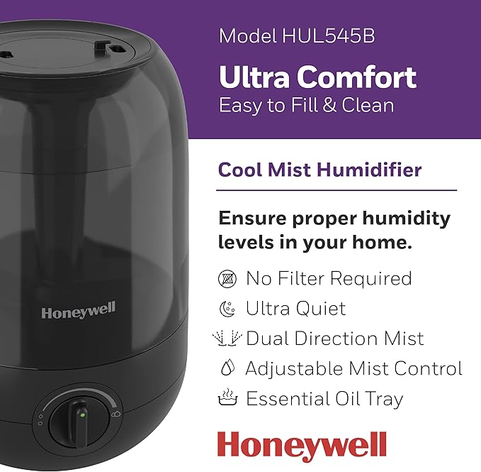 Honeywell Ultra Comfort Cool Mist Humidifier, No Filter, Easy to Fill and Clean, Cleaning Brush Included, Ultra Quiet, Use With Essential Oils for Extra Comfort, Black, HUL545B