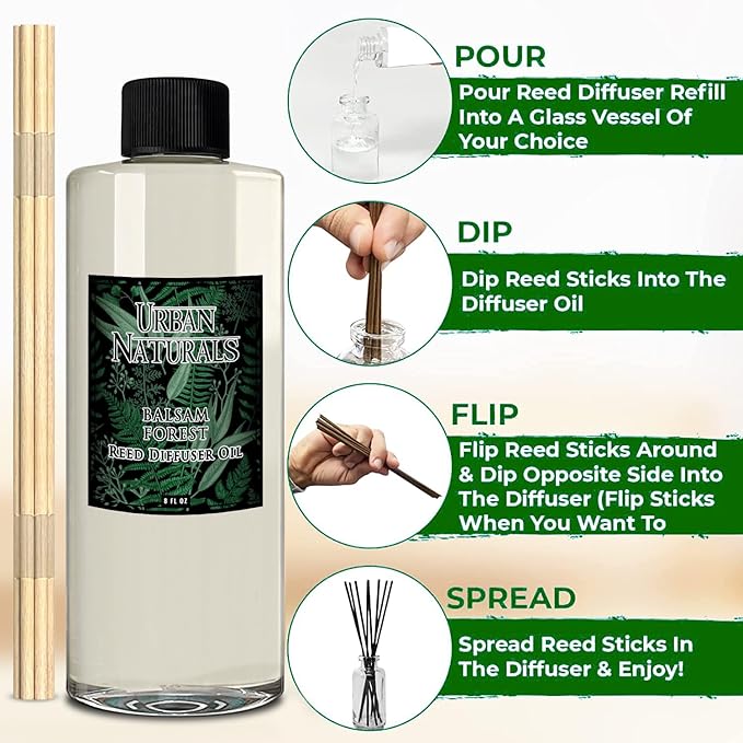 Urban Naturals Reed Diffuser Oil Refill Balsam Forest with Balsam Fir, Pine Needles, Evergreen, Cedar, Sandalwood 8 oz + Free Reed Sticks, Made in the USA