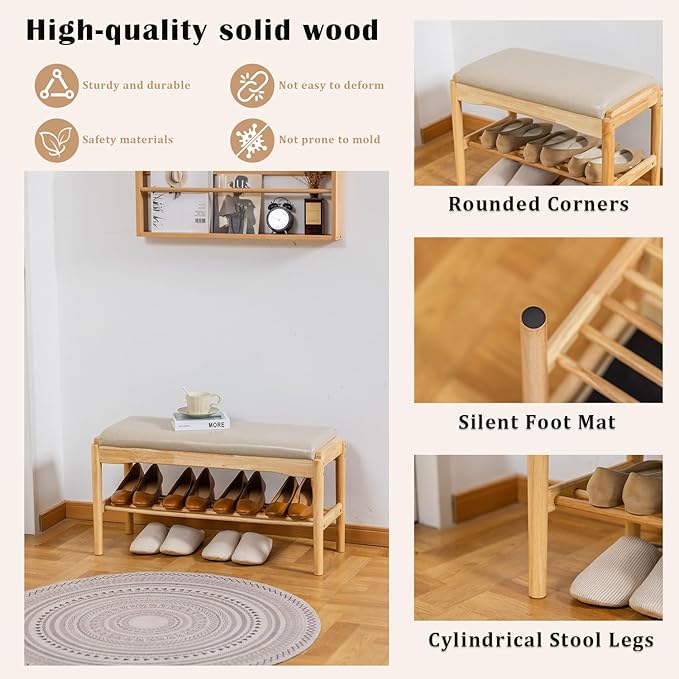 Shoe Bench, Entryway Bench, Wood 2-Tier Shoe Rack with Cushion Padded Seat Shoe Organizer (31.5",Beige+Nature)