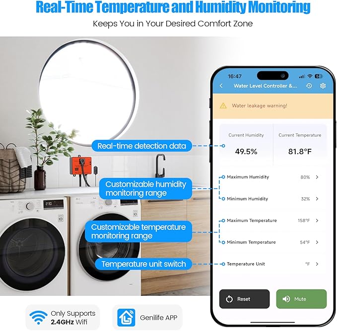Ortis WiFi Power Failure & Water Leak Alarm, Real-Time Monitoring of Water Level, Temperature & Humidity, 110dB Siren with Flashing Light, APP Alerts, Ideal for Laundry Rooms & Basements