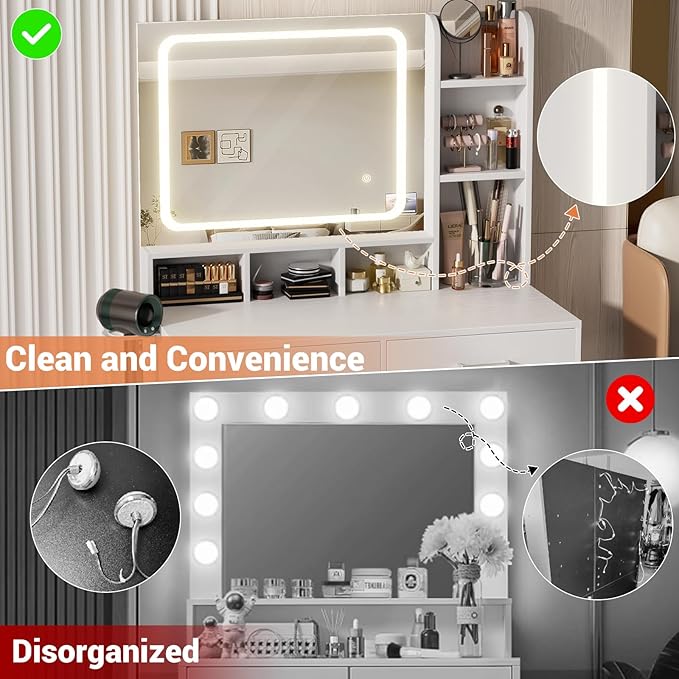 Small Vanity Desk, Vanity Desk with Mirror and Lights, Makeup Vanity Desks with Power Strip, Vanity Table with Drawers and Shelves, Adjustable Lighting, Dressing Table for Bedroom Dressing Room, White