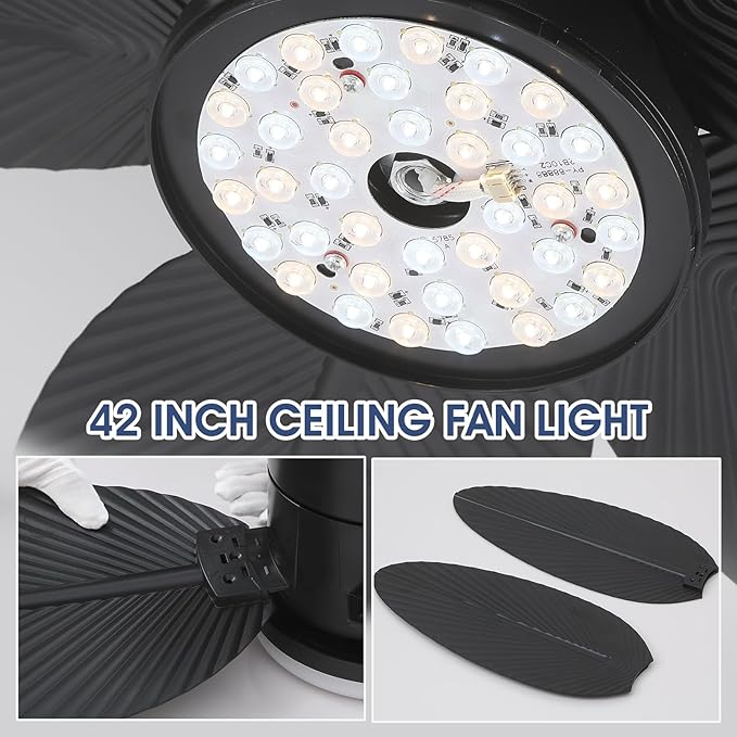 Palm Leaf Ceiling Fans with Lights-42 Tropical Ceiling Fan with Light and Remote/APP Control,Flush Mount Low Profile Black Ceiling Fans for Bedroom,Indoor/Outdoor Patio Use