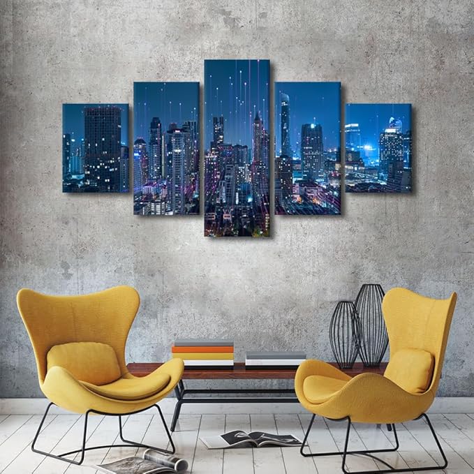 Native Americans Home Decoration 5 Panel Poster Printing Smart City And Digital Picture Futuristic Communication Printing Artwork Internet Companies Meeting Room Corridor Wall Art Decor 60x32 Inch