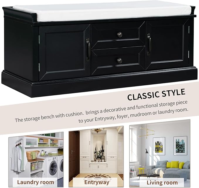 Merax Rustic Wood Shoe Storage Bench with 2 Drawers and 2 Cabinets for Entryway Hallway Front Door Black