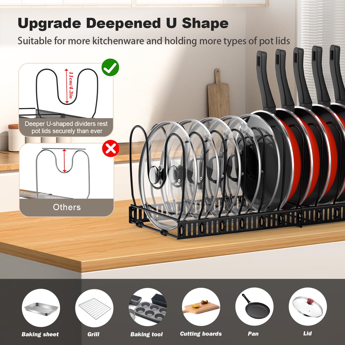 Housolution Pot and Pan Organizer Rack for Cabinet, Expandable Pot Lid Organizer Holder with 14 Adjustable Dividers, Fully Expanded Size 22.83" W x 7.09" D x 7.09" H, Black