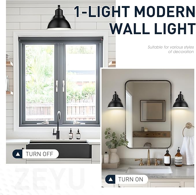 zeyu 8.4'' Barn Sconce Wall Lighting, 2 Pack Industrial Wall Lights for Bedroom Dining Room, Metal Dome Shade in Black Finish, ZY24-1W-2PK BK